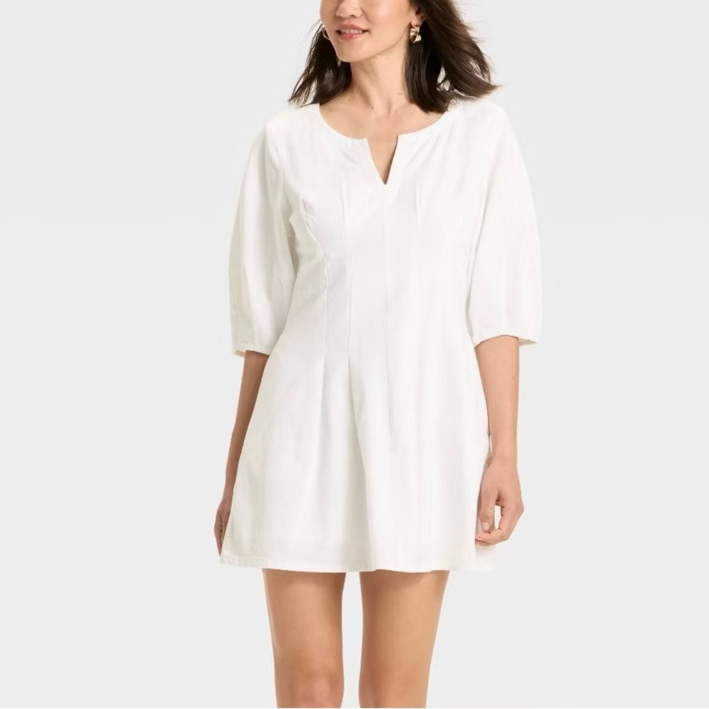 a new day Puff Short Sleeve Corset Mini A-Line Dress linen blend white